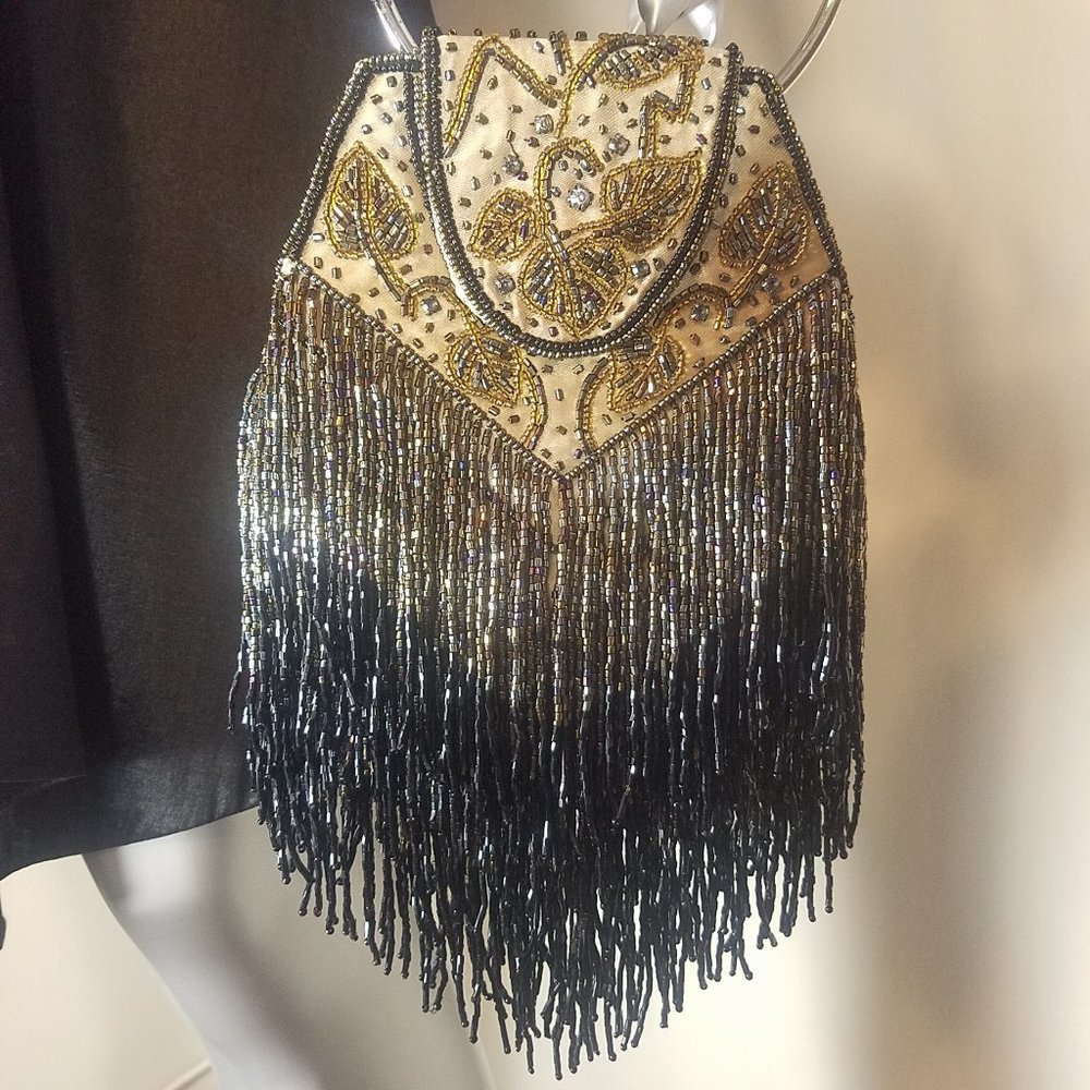 Women's Beaded Fringe Evening Bag With Metal Wristlet Handle (6.5" w x 14" h)